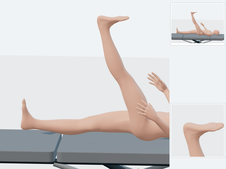 TIBIAL — SLR + DORSIFLEXIÓN: posición final, con detalle de tobillo y pie