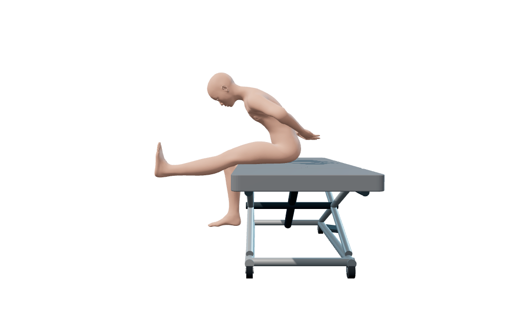 Posición final del Slump test: paciente sentado sobre la camilla, tronco y cuello flexionados y rodilla extendida